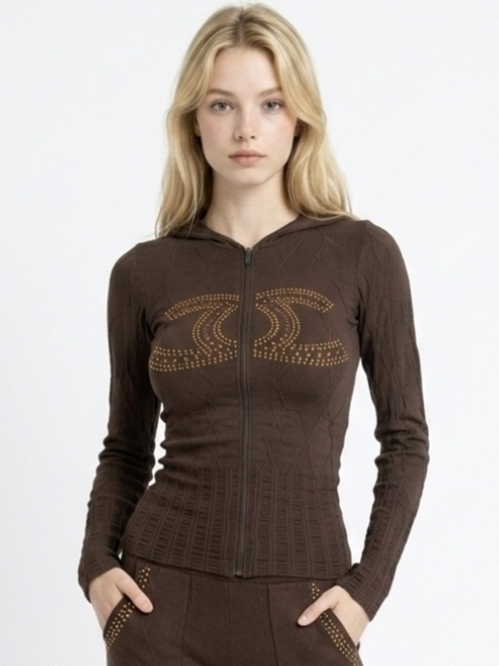 Designer Inspired Brown Zip-Front Hooded Knit Top – Stud Detail
